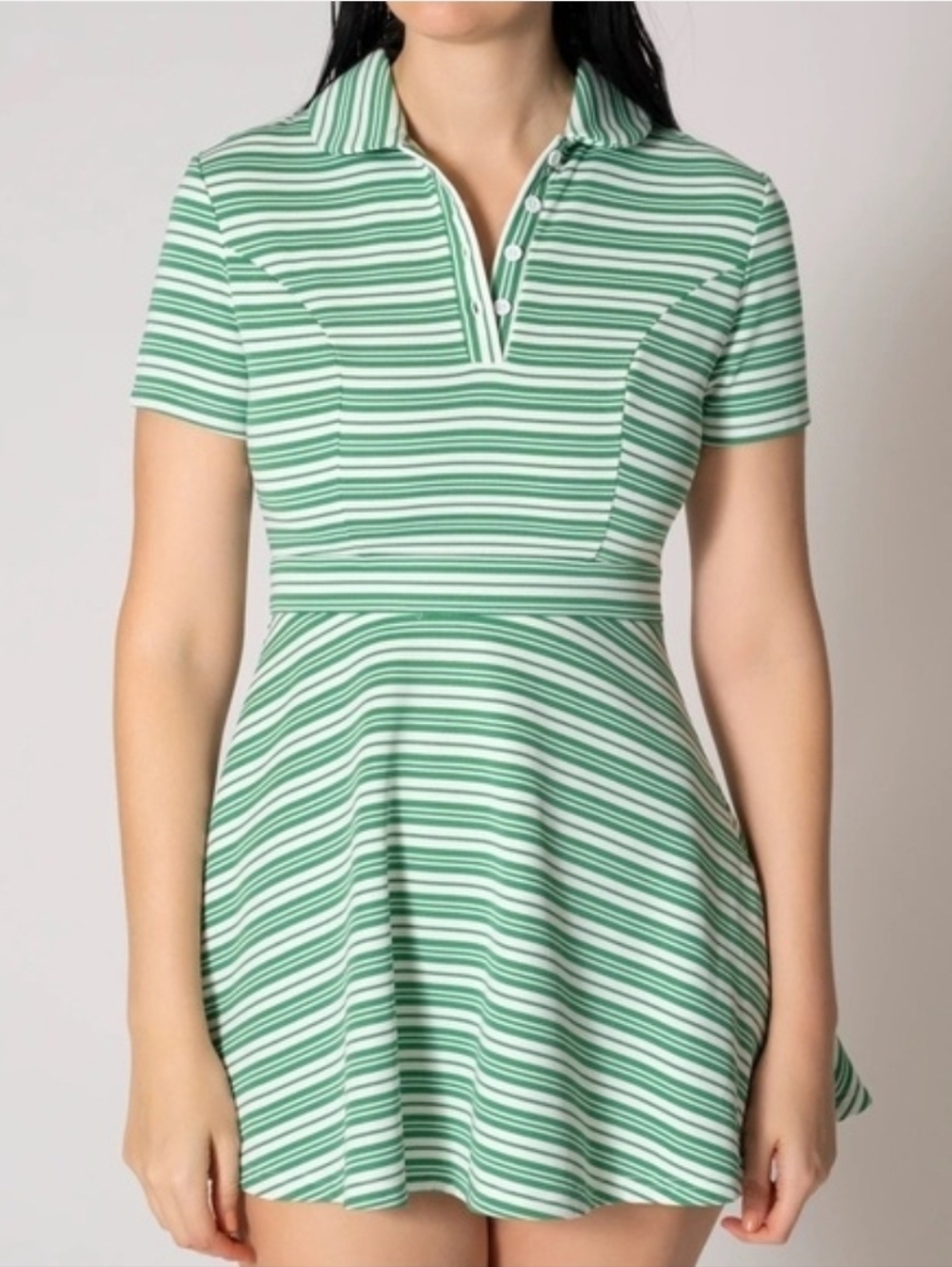 Area Stars Jett Striped Polo Skater Mini Dress Green White Sz L
